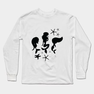 Black White Mermaid Stars Seamless Pattern Print Design Long Sleeve T-Shirt